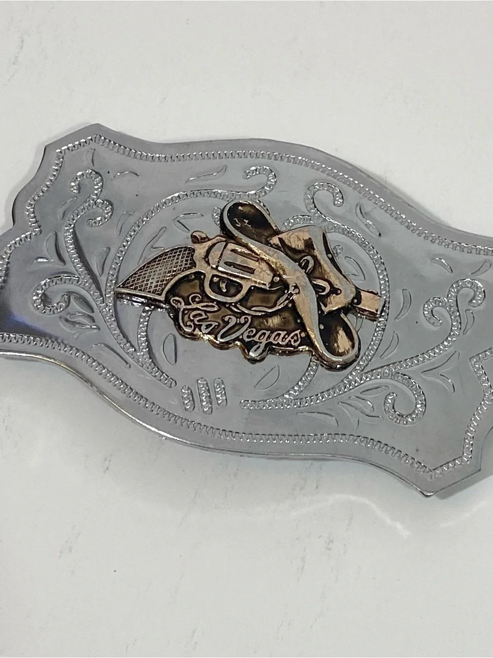 Vintage Las Vegas Western Revolver Belt Buckle - Silver and Gold